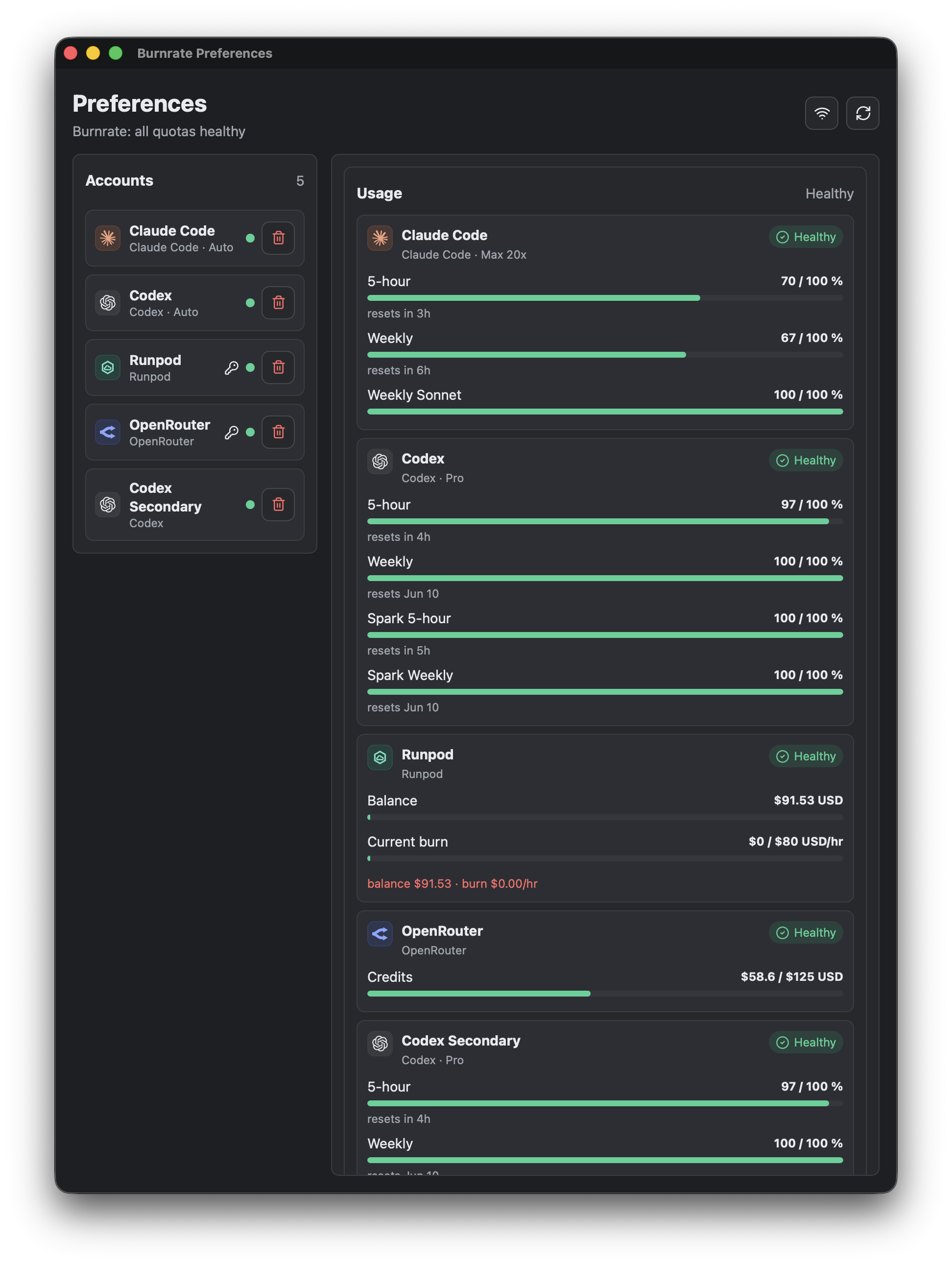 Burnrate Preferences window showing per-account usage across Claude Code, Codex, Runpod, and OpenRouter